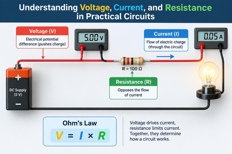 🔌 Understanding Voltage, Current, and Resistance in Practical Circuits
