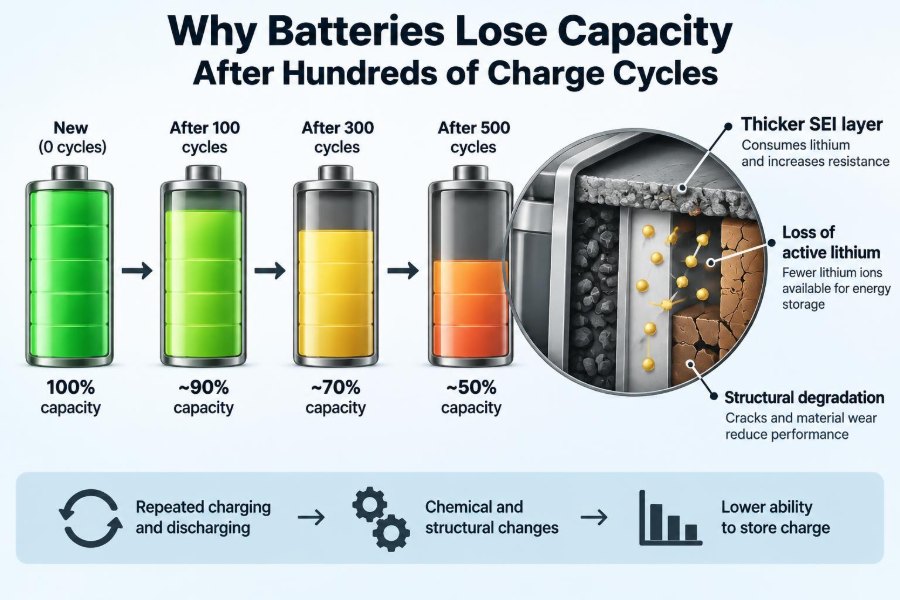 🔋 Why Batteries Lose Capacity After Hundreds of Charge Cycles