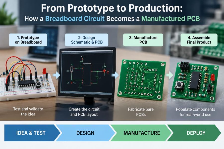 🔌 From Prototype to Production: How a Breadboard Circuit Becomes a Manufactured PCB