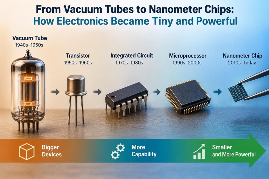 🔌 From Vacuum Tubes to Nanometer Chips: How Electronics Became Tiny and Powerful