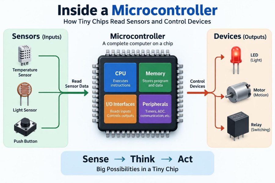 🔌 Inside a Microcontroller: How Tiny Chips Read Sensors and Control Devices