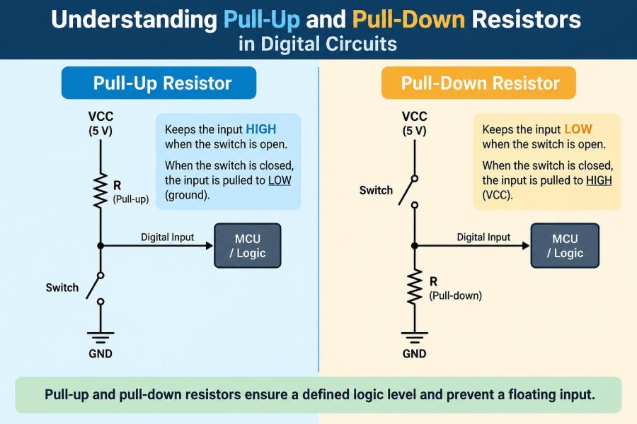 🔌 Understanding Pull-Up and Pull-Down Resistors in Digital Circuits