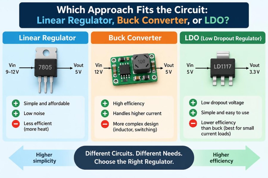 🔌 Which Approach Fits the Circuit: Linear Regulator, Buck Converter, or LDO?