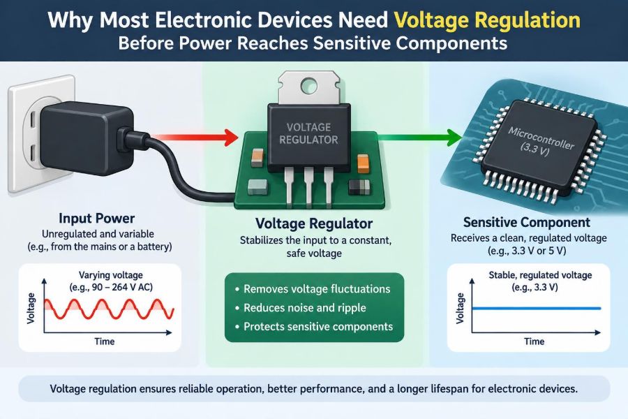🔌 Why Most Electronic Devices Need Voltage Regulation Before Power Reaches Sensitive Components